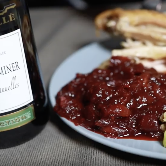 Spiced Gewürztraminer Cranberry Sauce Plate and Wine Bottle