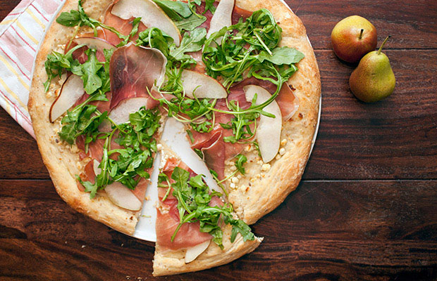 Pear and Prosciutto Pizza Recipe with mascarpone and arugula