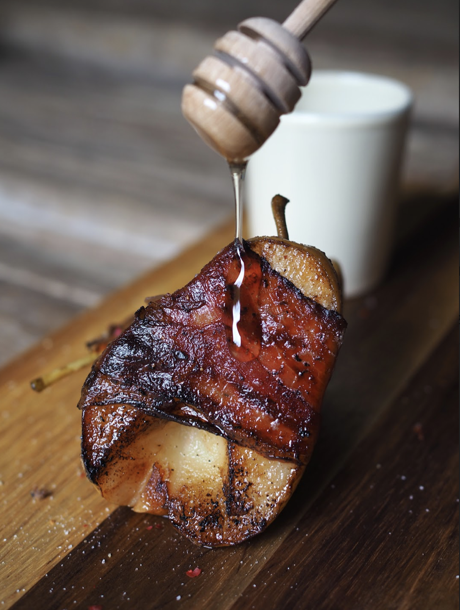 Pan-Fried Pears Wrapped in Cured Pork with Honey and Pink Peppercorns - Wine4Food
