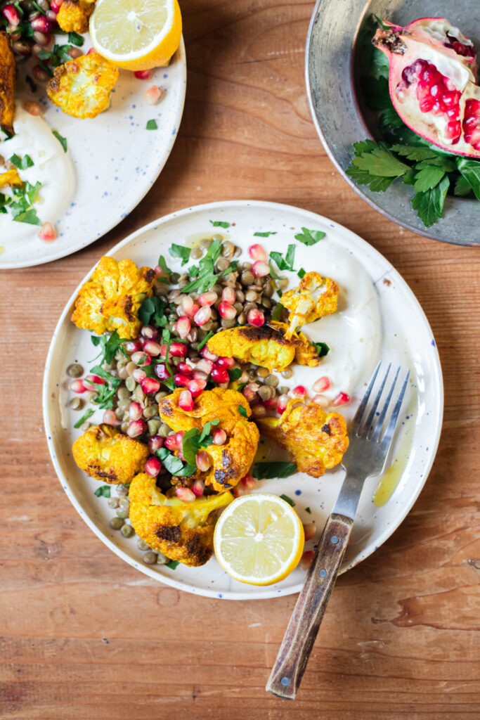 Lentil Salad with Roast Cauliflower and Pomegranate - Wine4Food