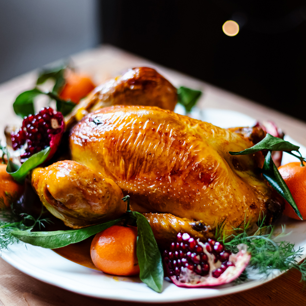 Holiday Saffron Roast Chicken, Stuffed with Herbs & Pomegranate